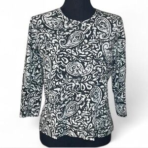 Evelyn & Arthur 78% Silk 22%Cotton 3/4 Sleeve Black & Gray Paisley Print Top L